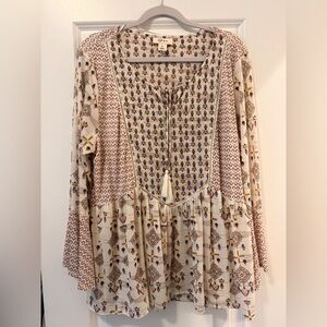Style & Co. Cream Printed Boho Peasant Tunic with Pink and Mustard Accents